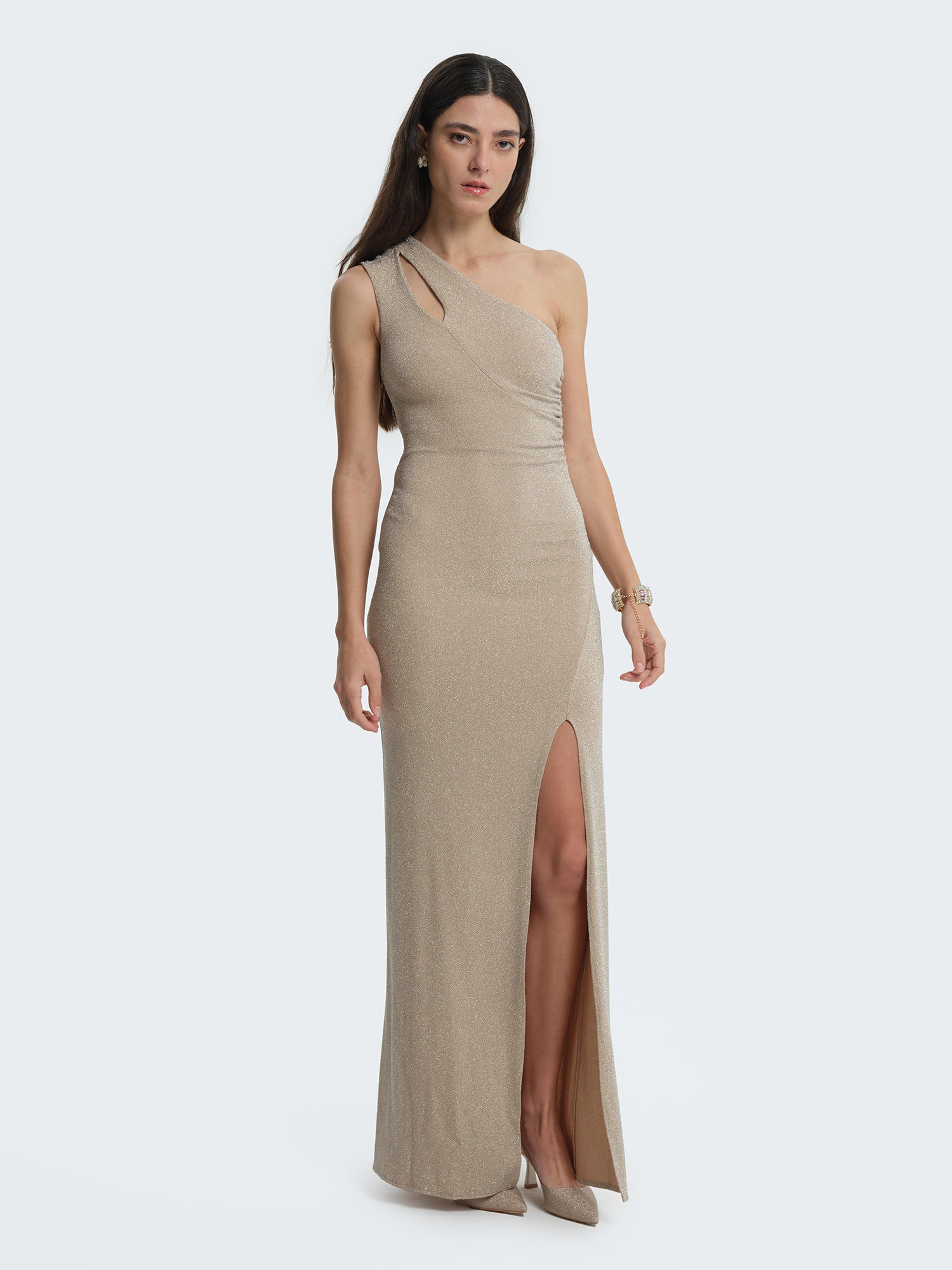 Abito in lurex monospalla con spacco | Omai