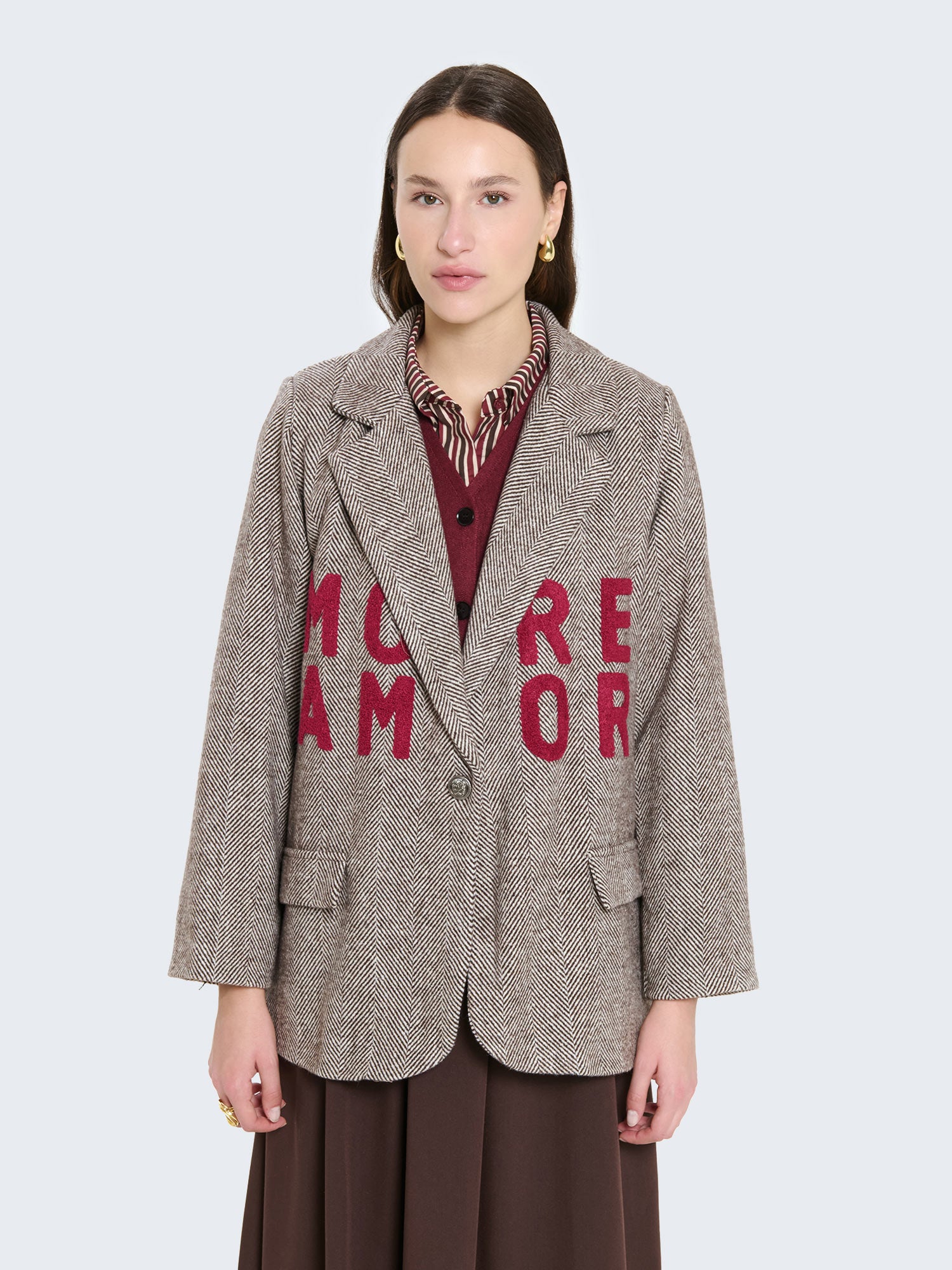 Blazer spigato con scritta More Amor