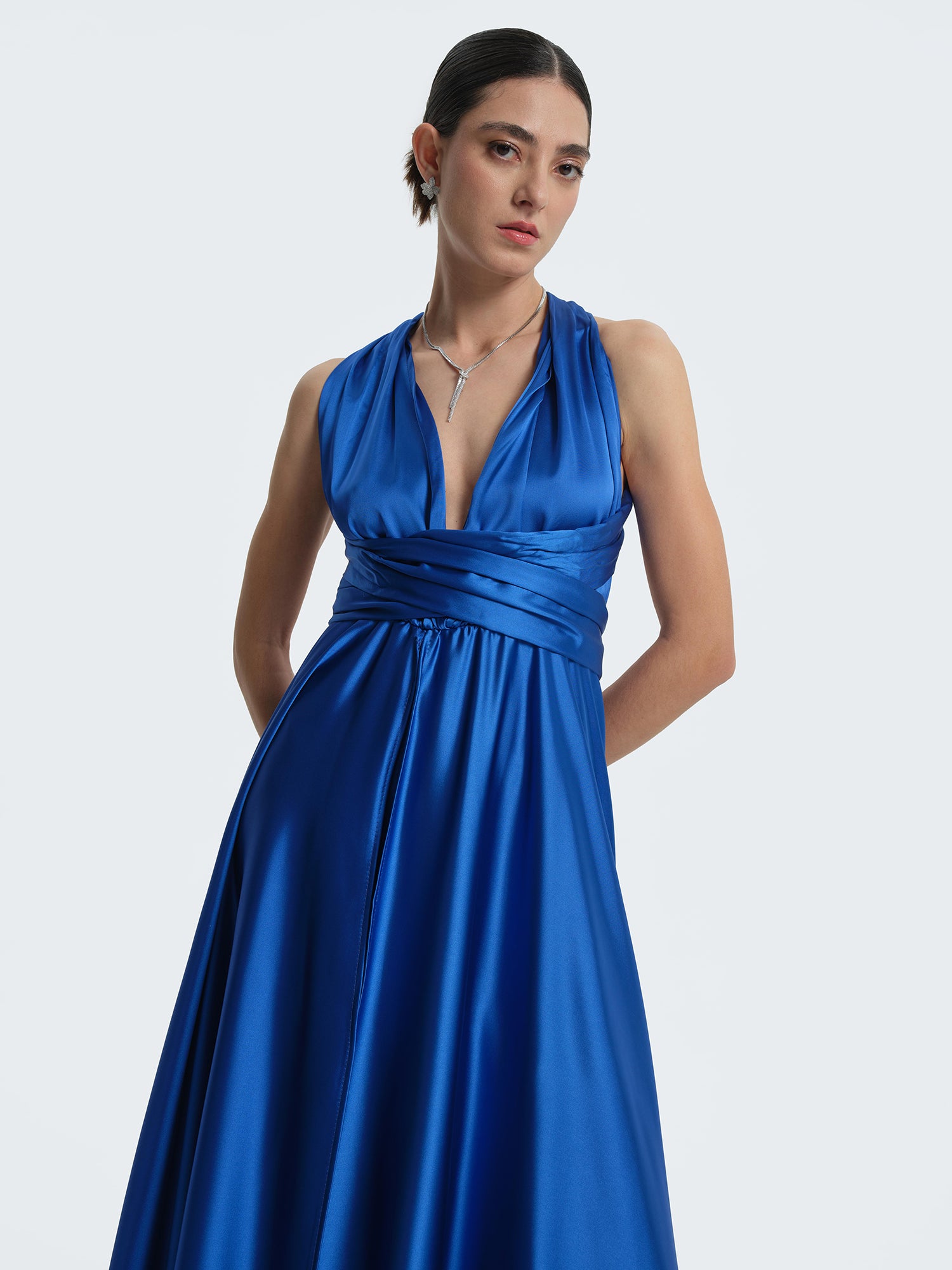 Transformer dress in satin with deep slit