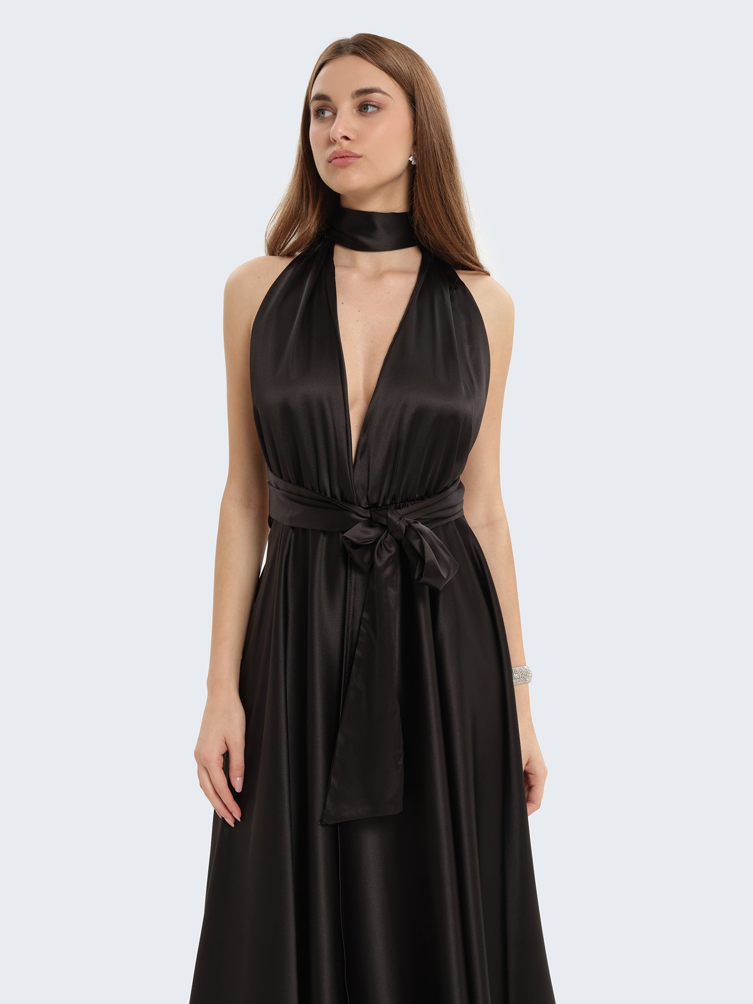 Transformer dress in satin with deep slit