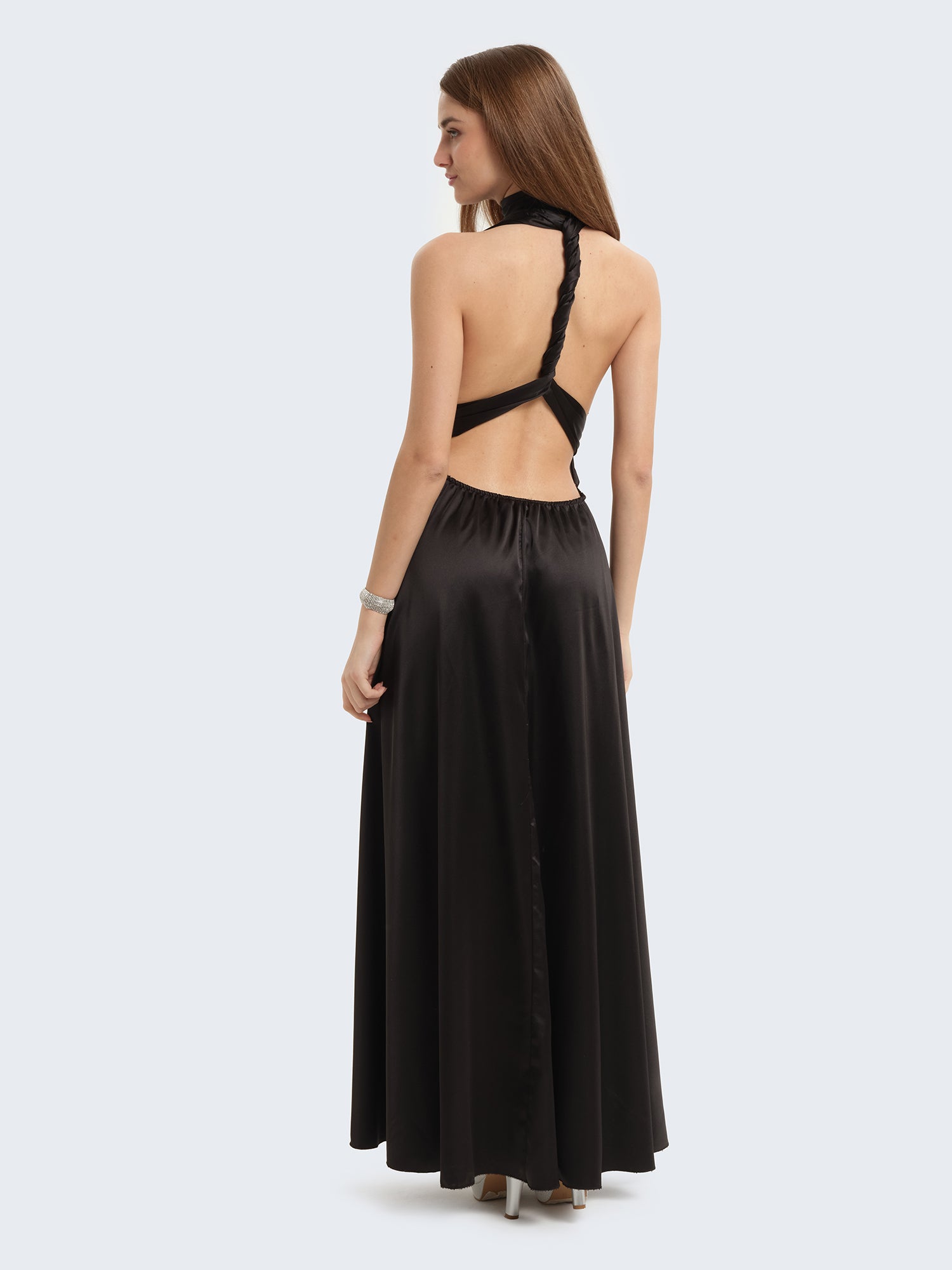 Transformer dress in satin with deep slit