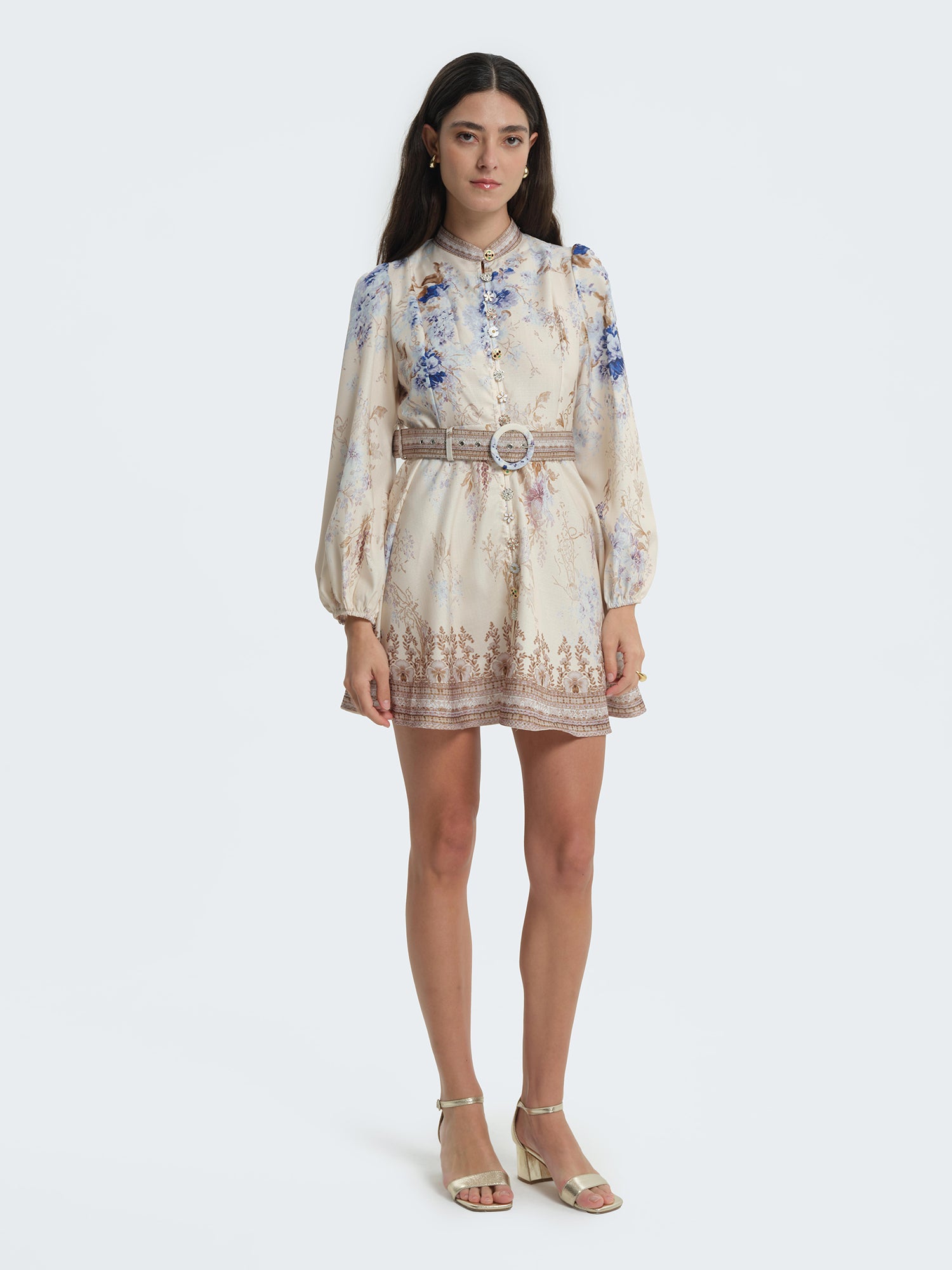 Short patterned dress with jewel buttons