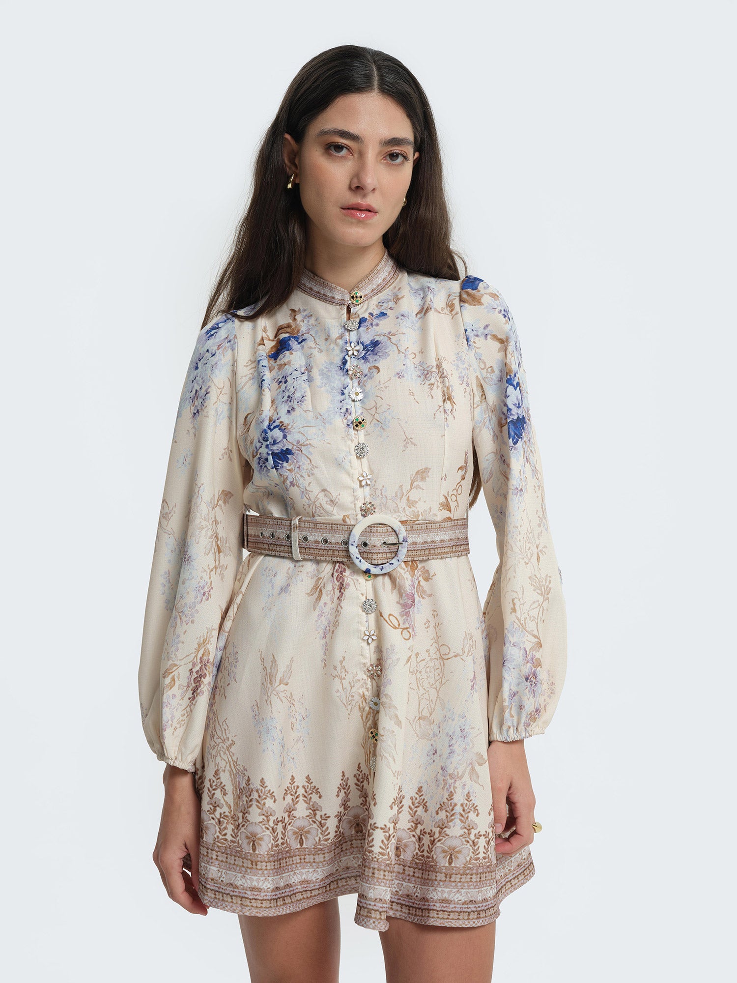 Short patterned dress with jewel buttons