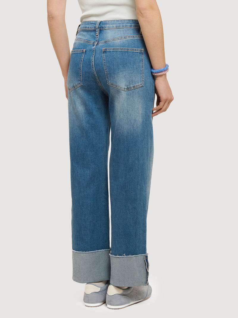 Jeans wide leg con risvolto