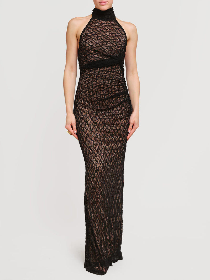 Abito lungo in pizzo con schiena scoperta
