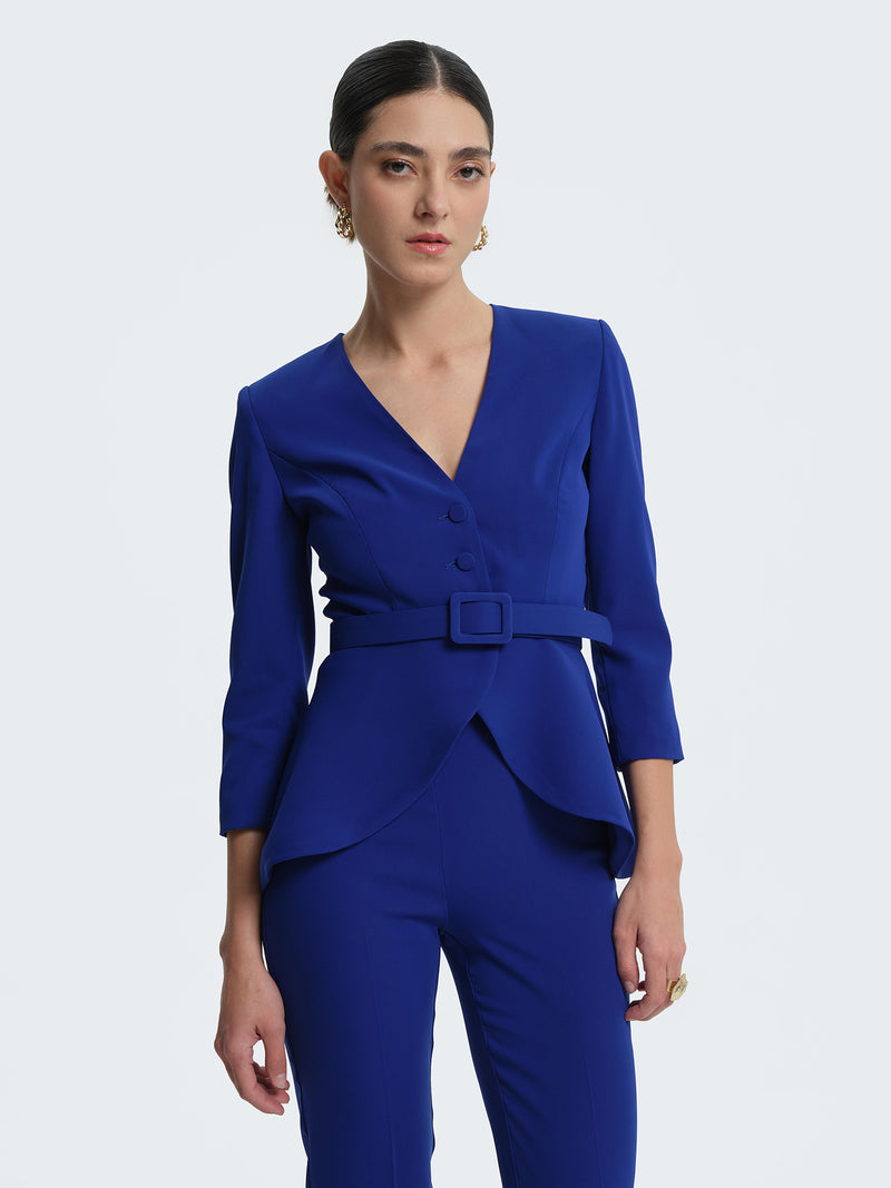 Jacket with belt and ruffles