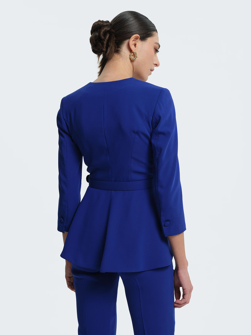 Jacket with belt and ruffles