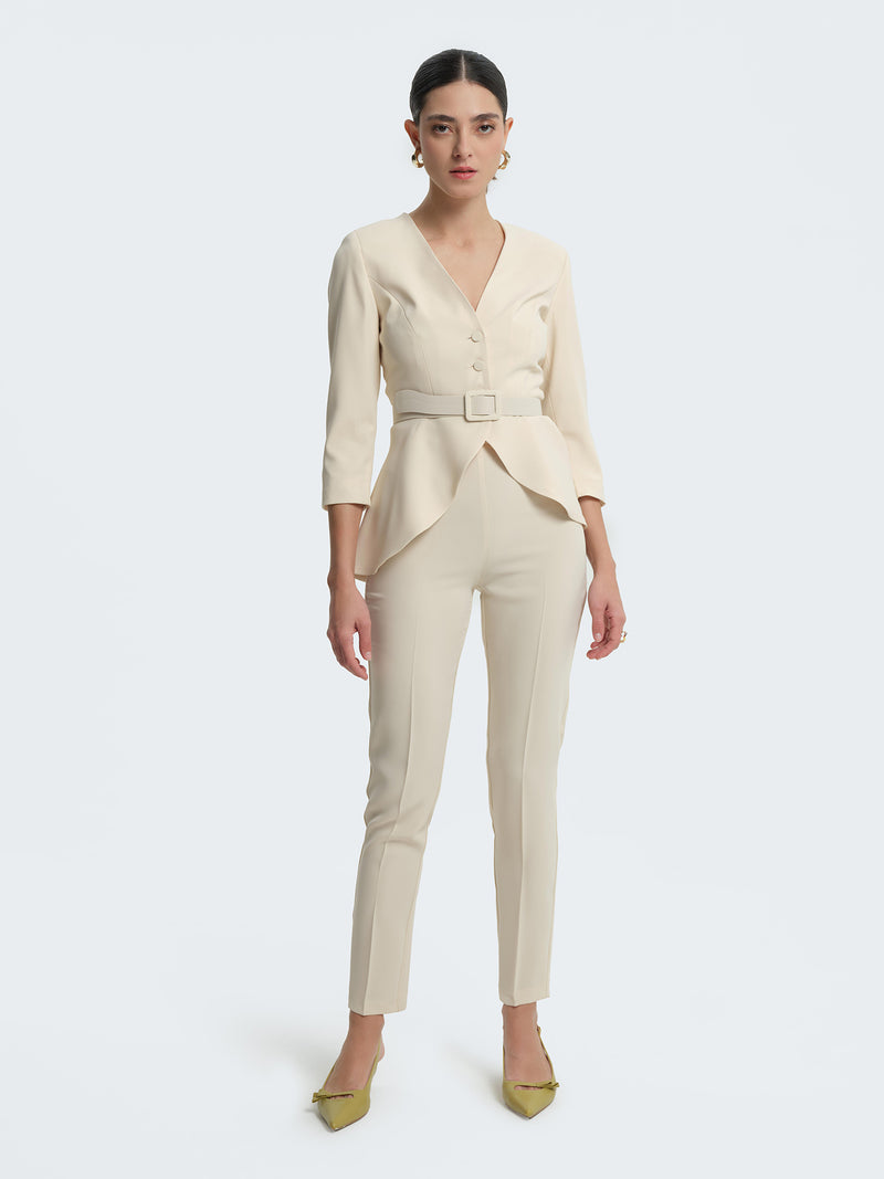 Jacket with belt and ruffles