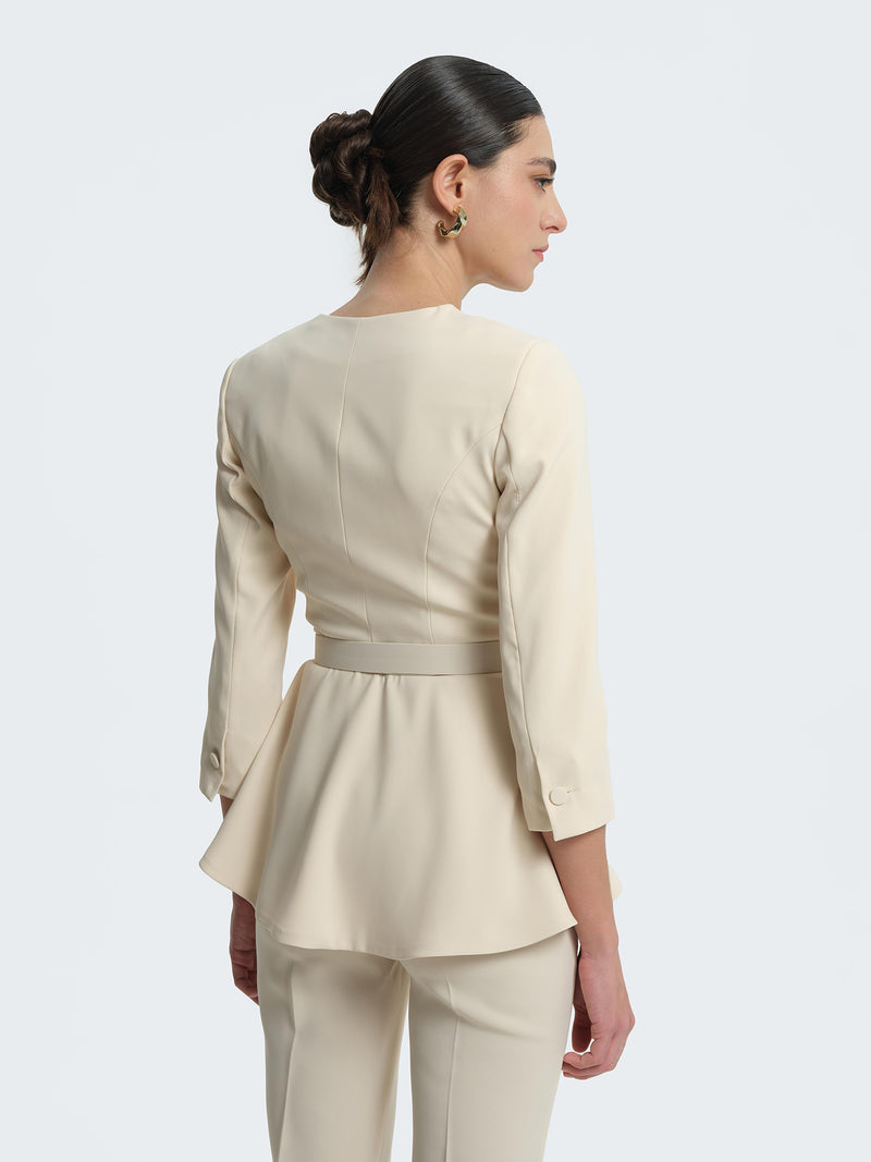 Jacket with belt and ruffles