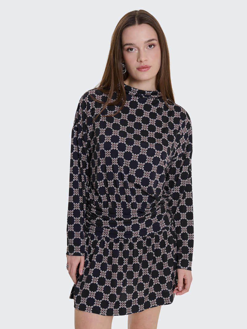 Abito corto fantasia con bottoni gioiello