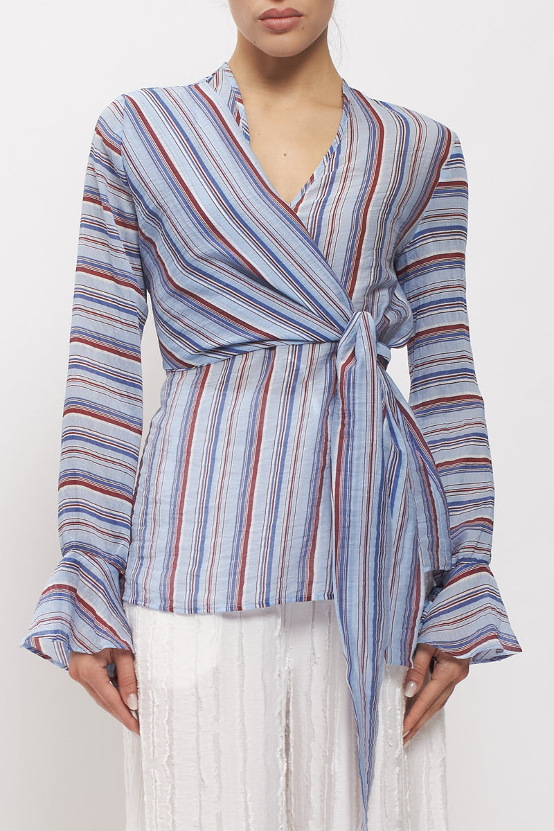 Blusa a righe con fiocco e maniche volan