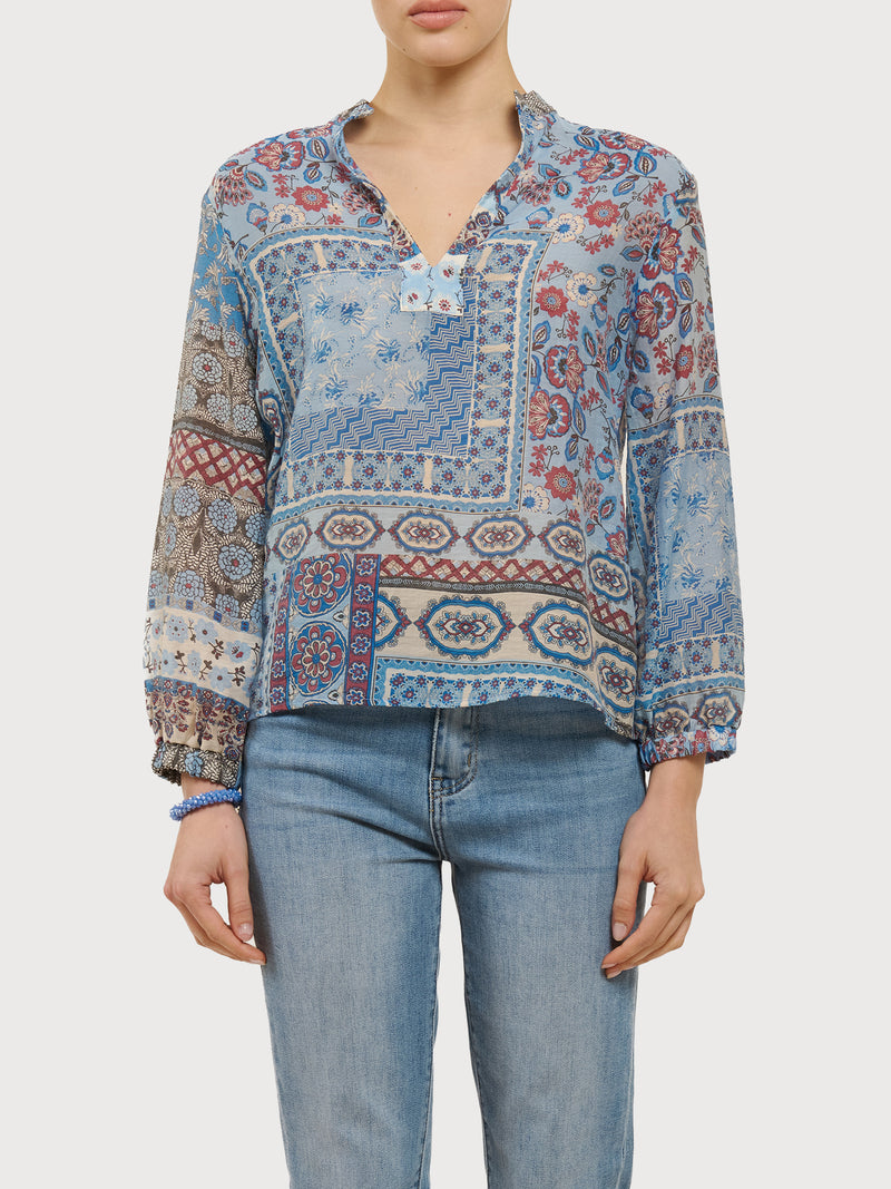 Blusa a serafino con fantasia patchwork