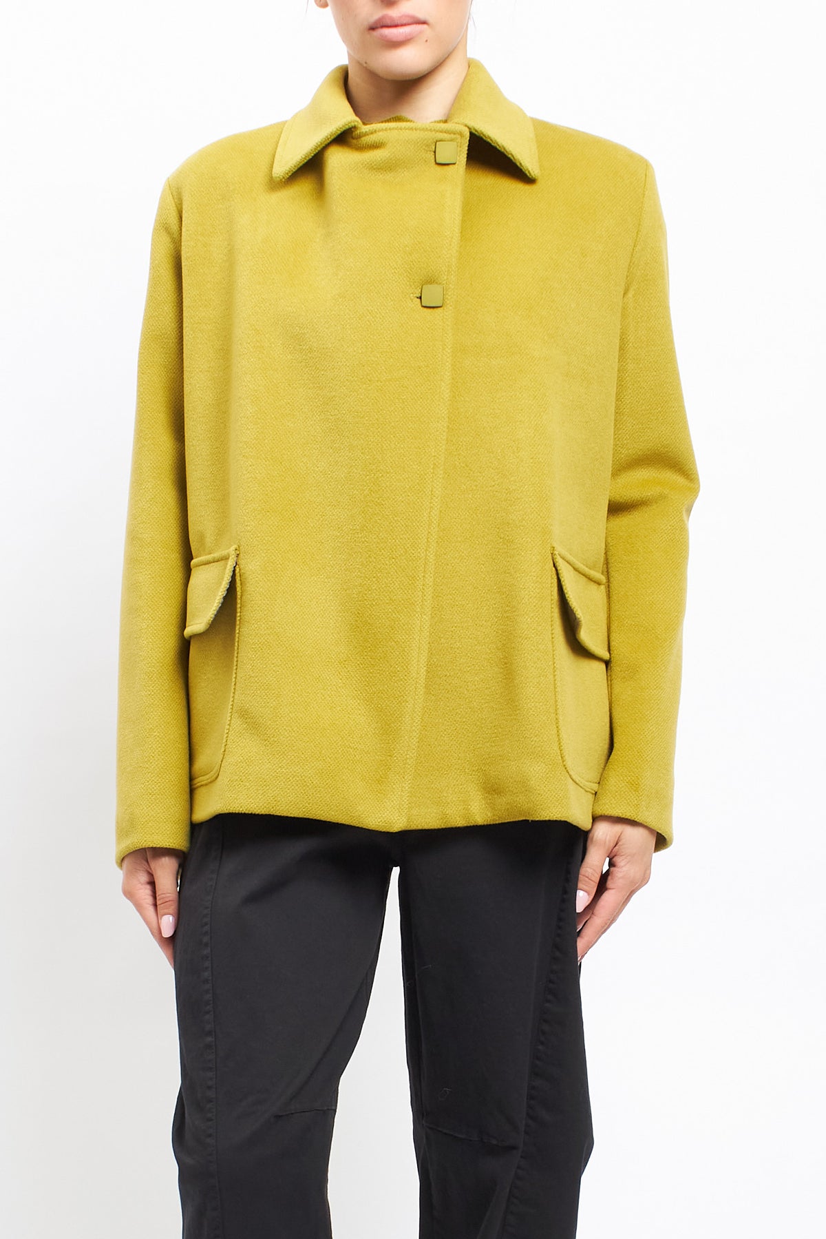 Short asymmetrical double-breasted coat