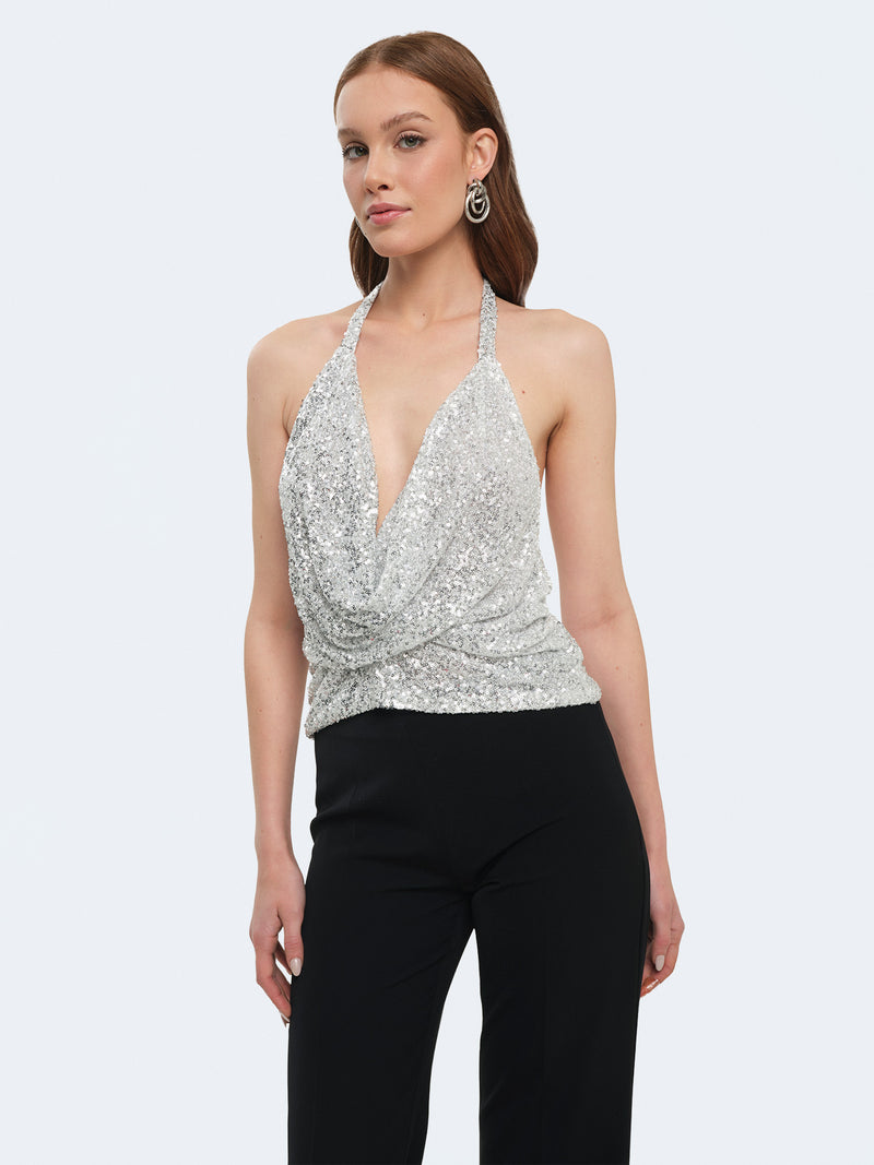 Top scollato in paillettes