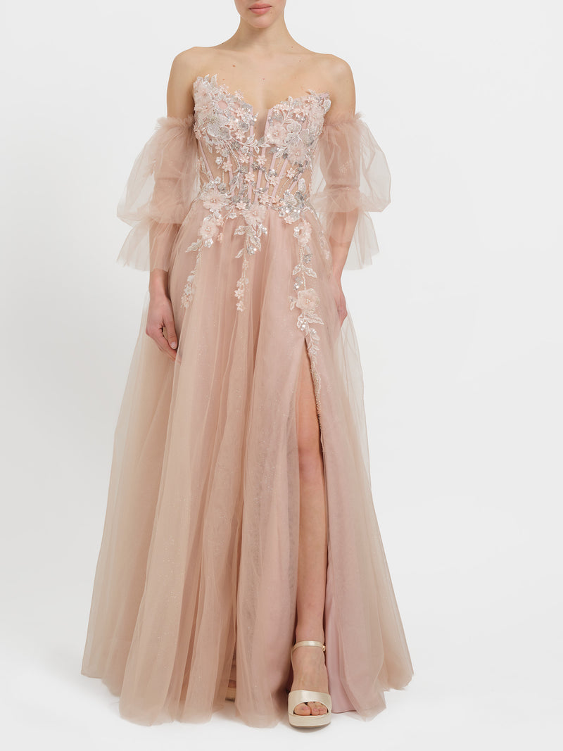 Abito princess con ricami floreali