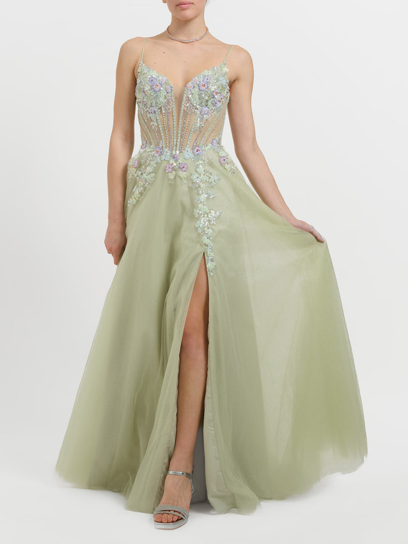 Abito princess con strass e fiori