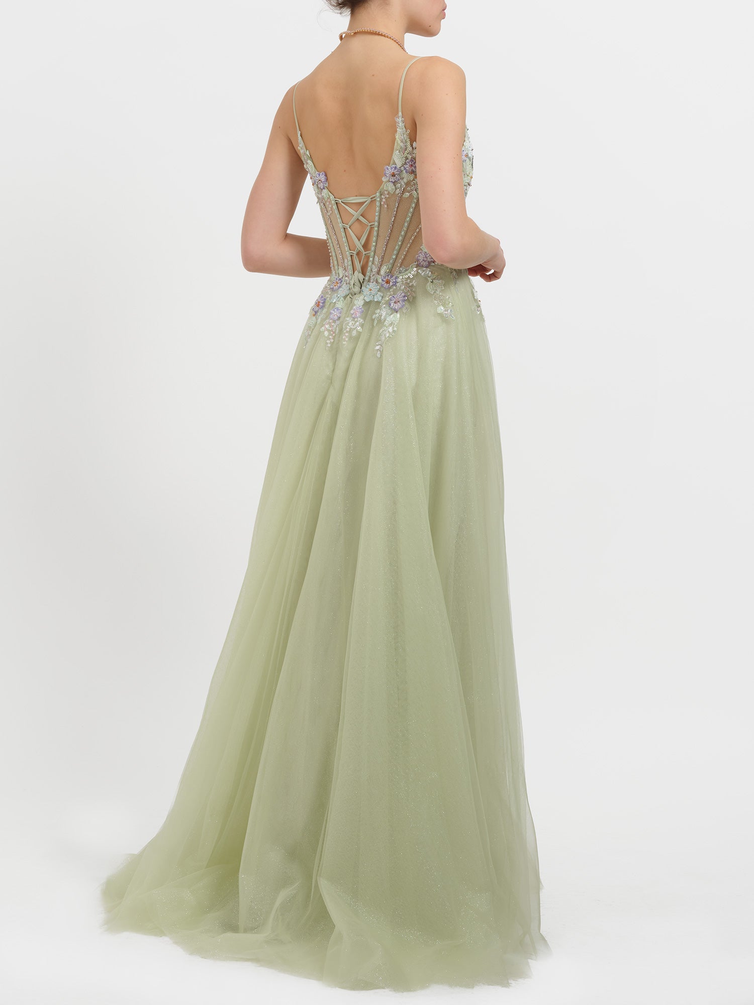 Abito princess con strass e fiori