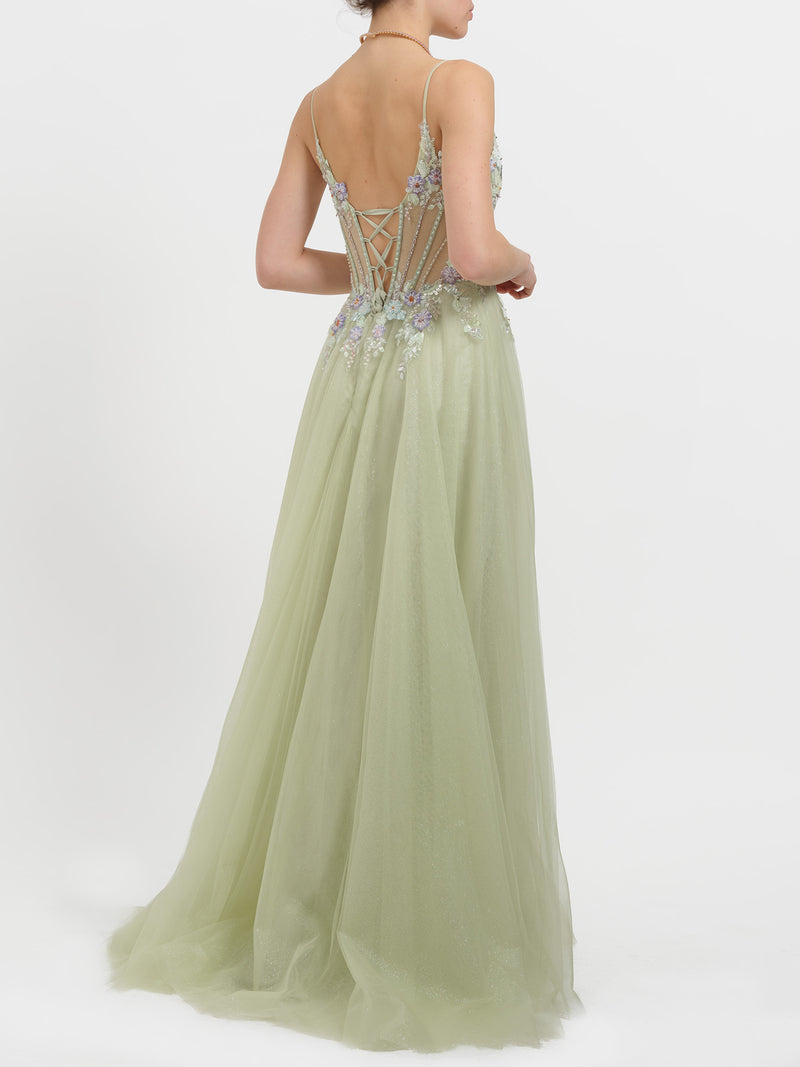 Abito princess con strass e fiori