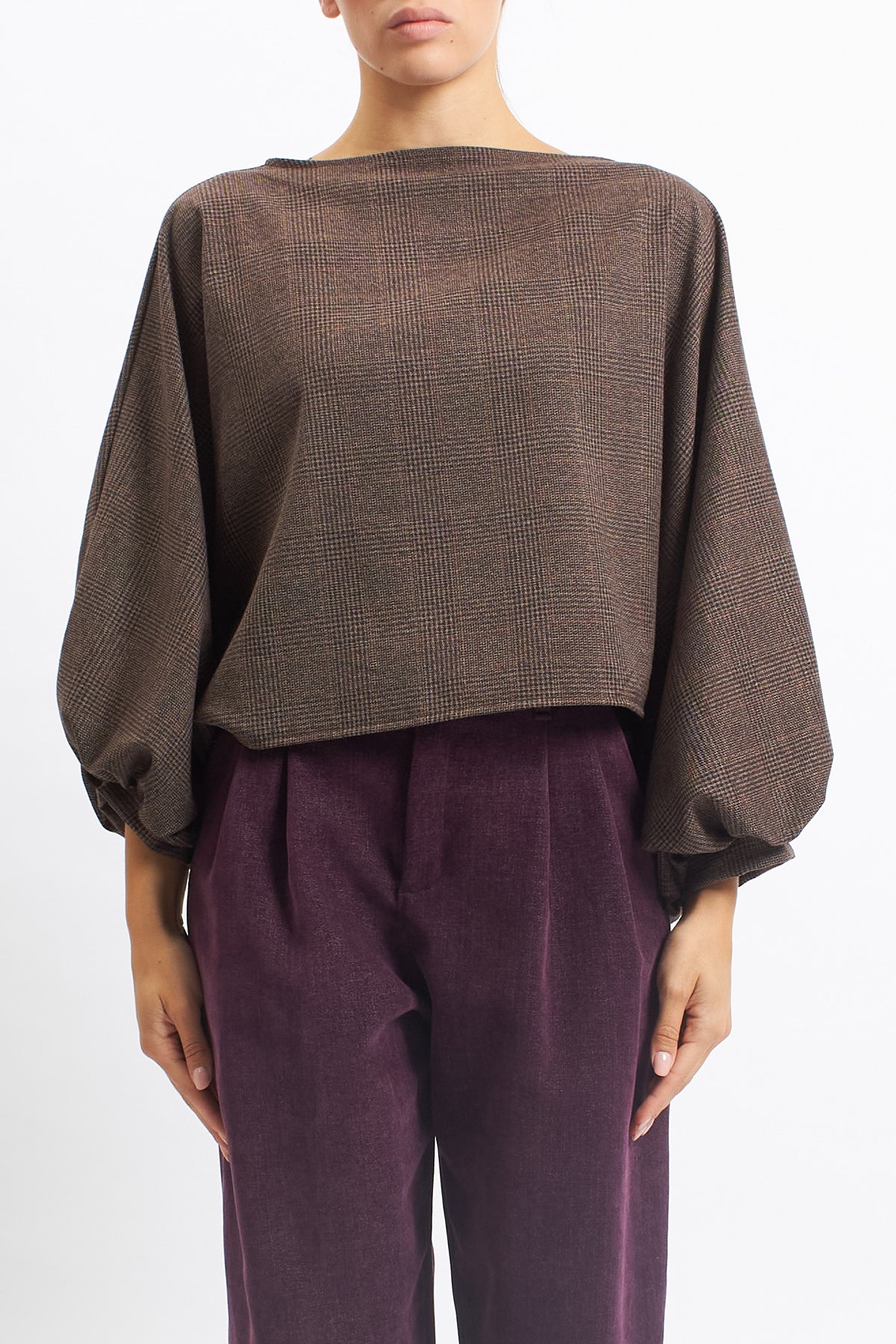 Blusa con fantasia check e manica a palloncino