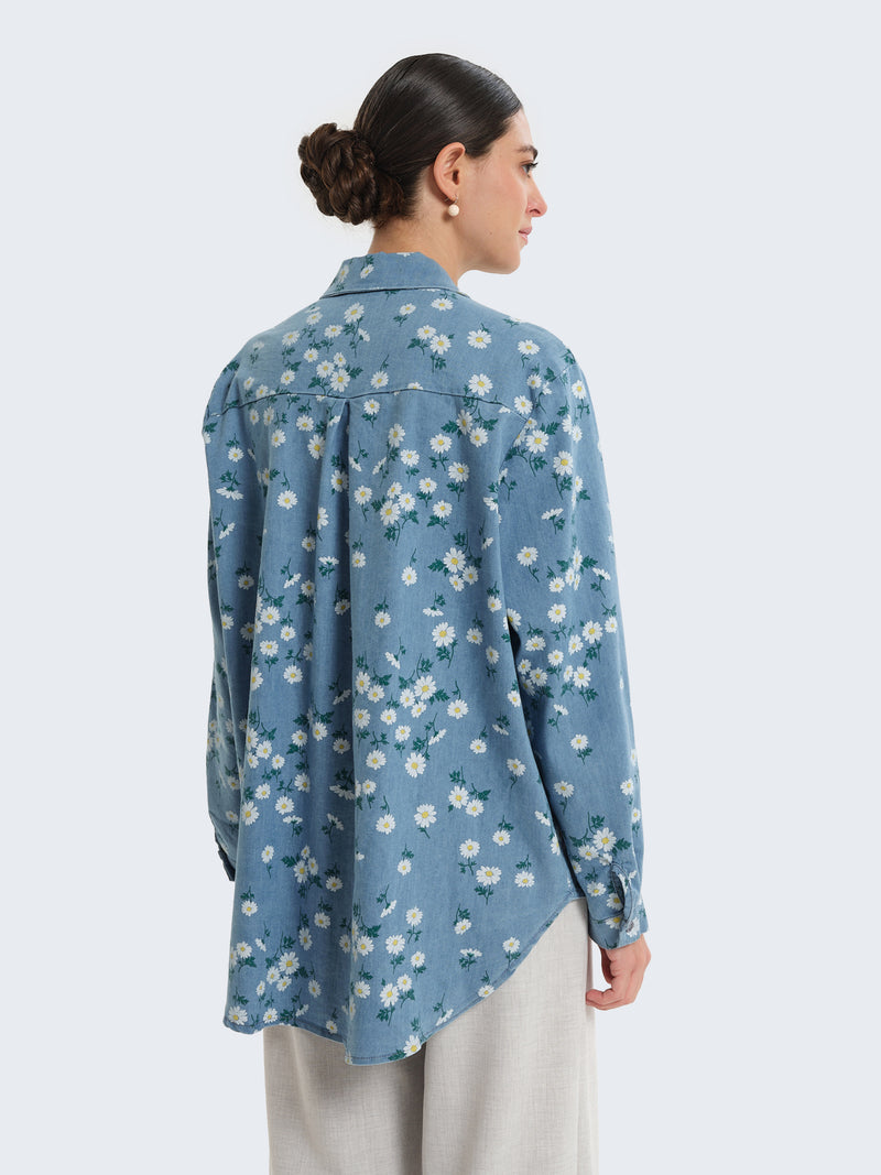 Camicia in denim con stampa margherite
