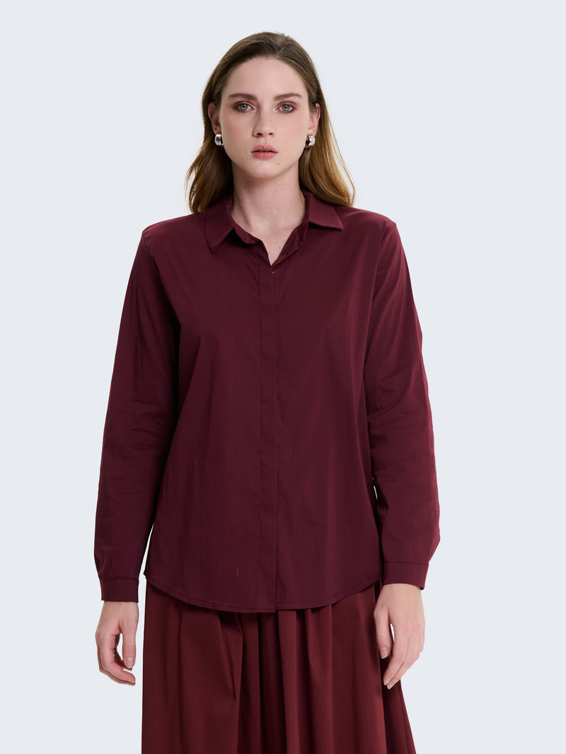 Camicia in cotone tinta unita con maniche a tre quarti