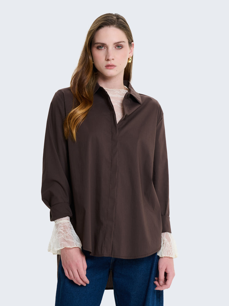 Camicia in cotone tinta unita con maniche a tre quarti