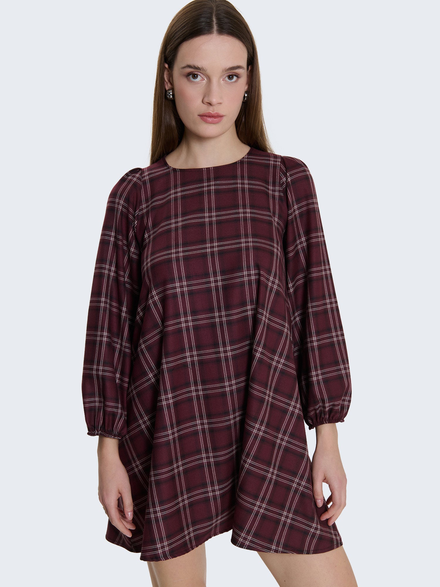 Abito corto tartan con maniche a palloncino