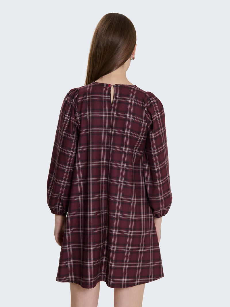 Abito corto tartan con maniche a palloncino