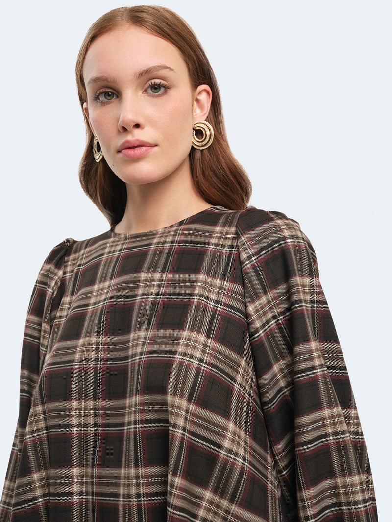 Abito corto tartan con maniche a palloncino