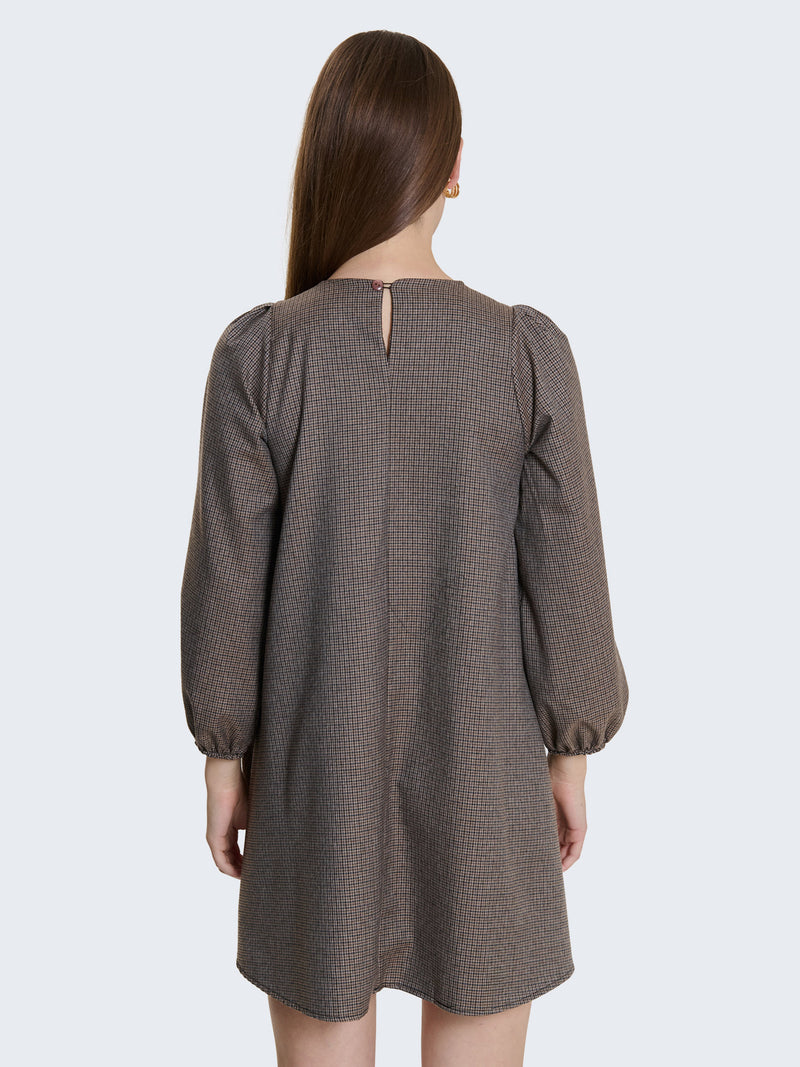 Abito corto a quadratini con maniche a palloncino