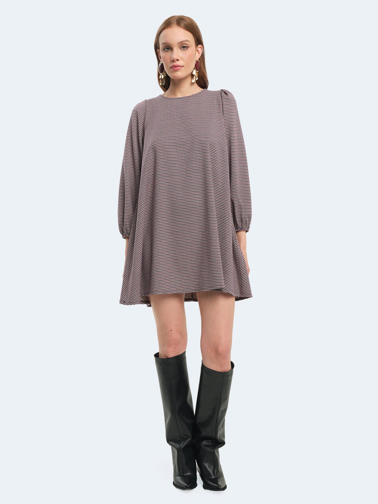 Abito corto tartan con maniche a palloncino