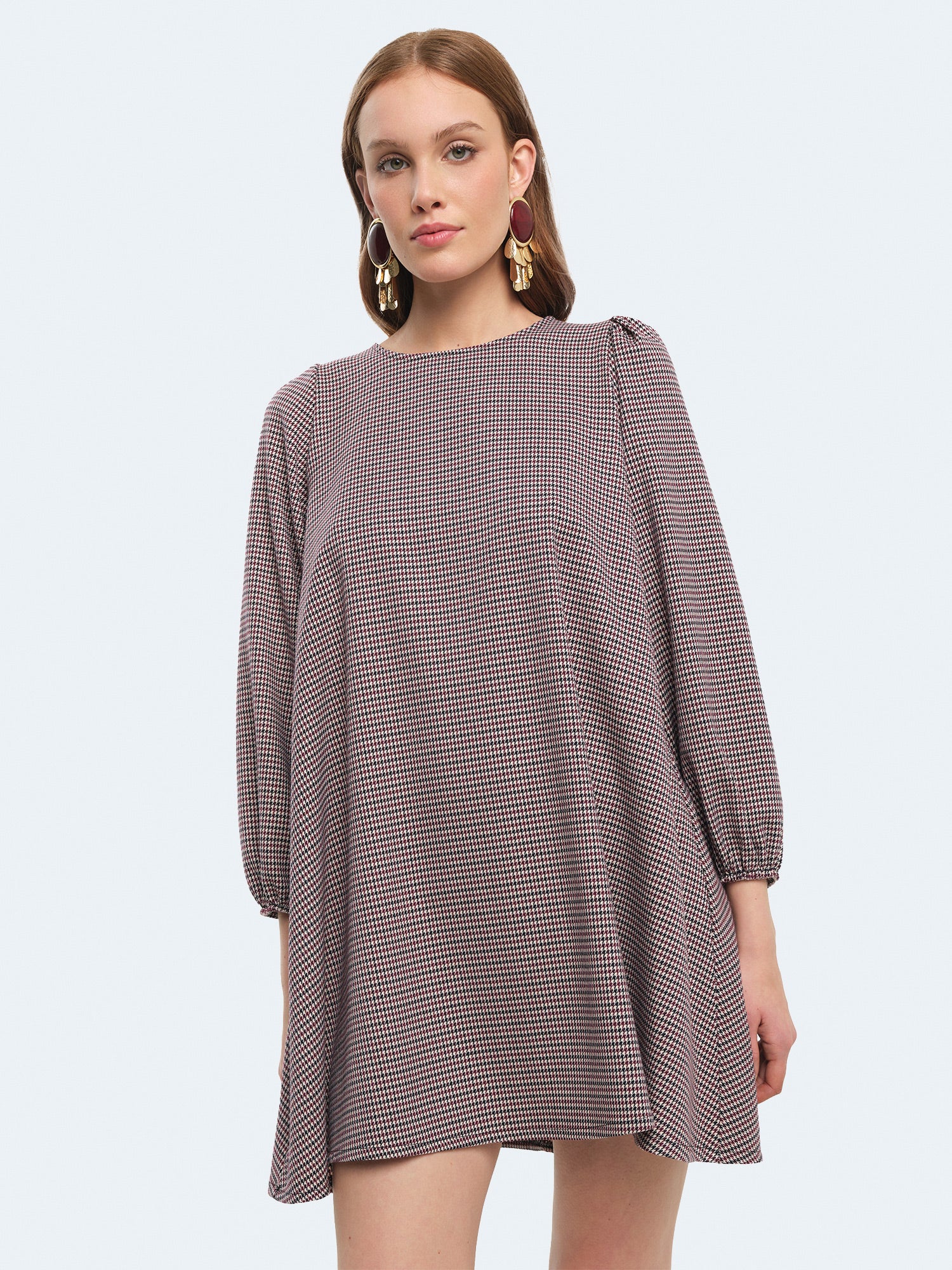 Abito corto tartan con maniche a palloncino