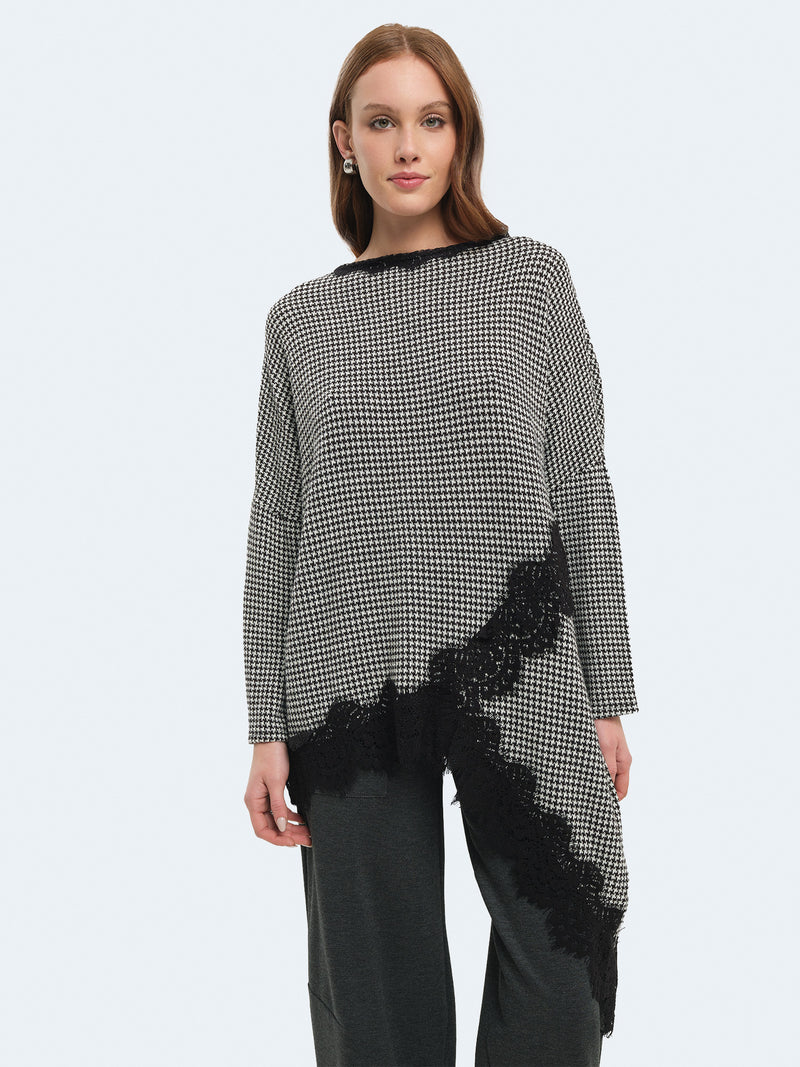 Maglia asimmetrica pied de poul con pizzo