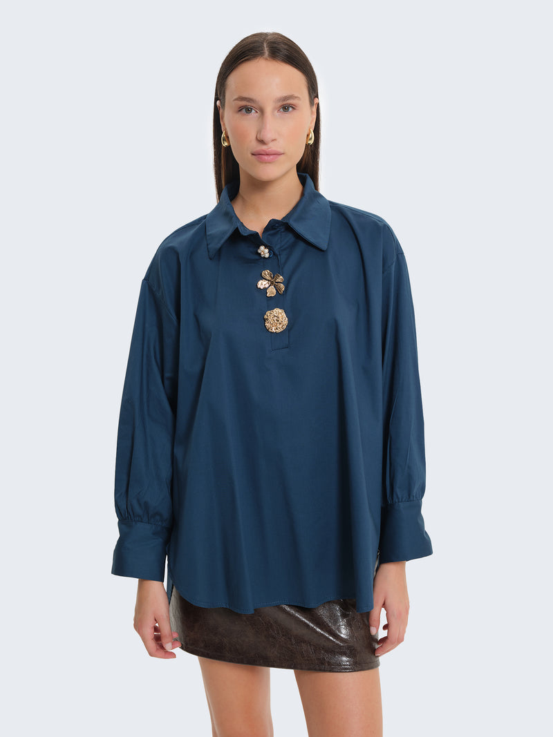 Camicia popeline con bottoni gioiello