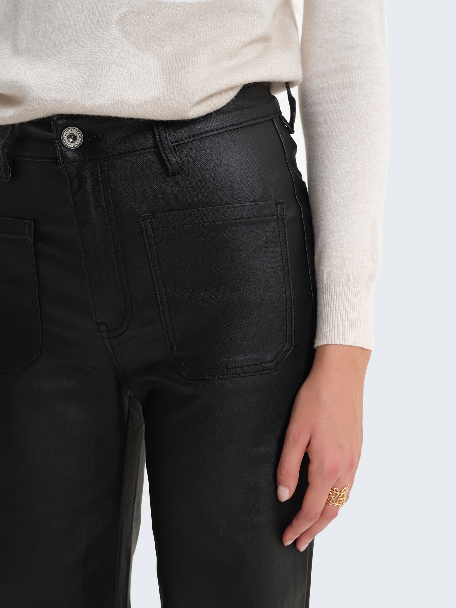 High-waisted faux leather-effect coated palazzo trousers