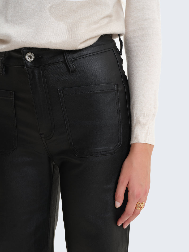 High-waisted faux leather-effect coated palazzo trousers