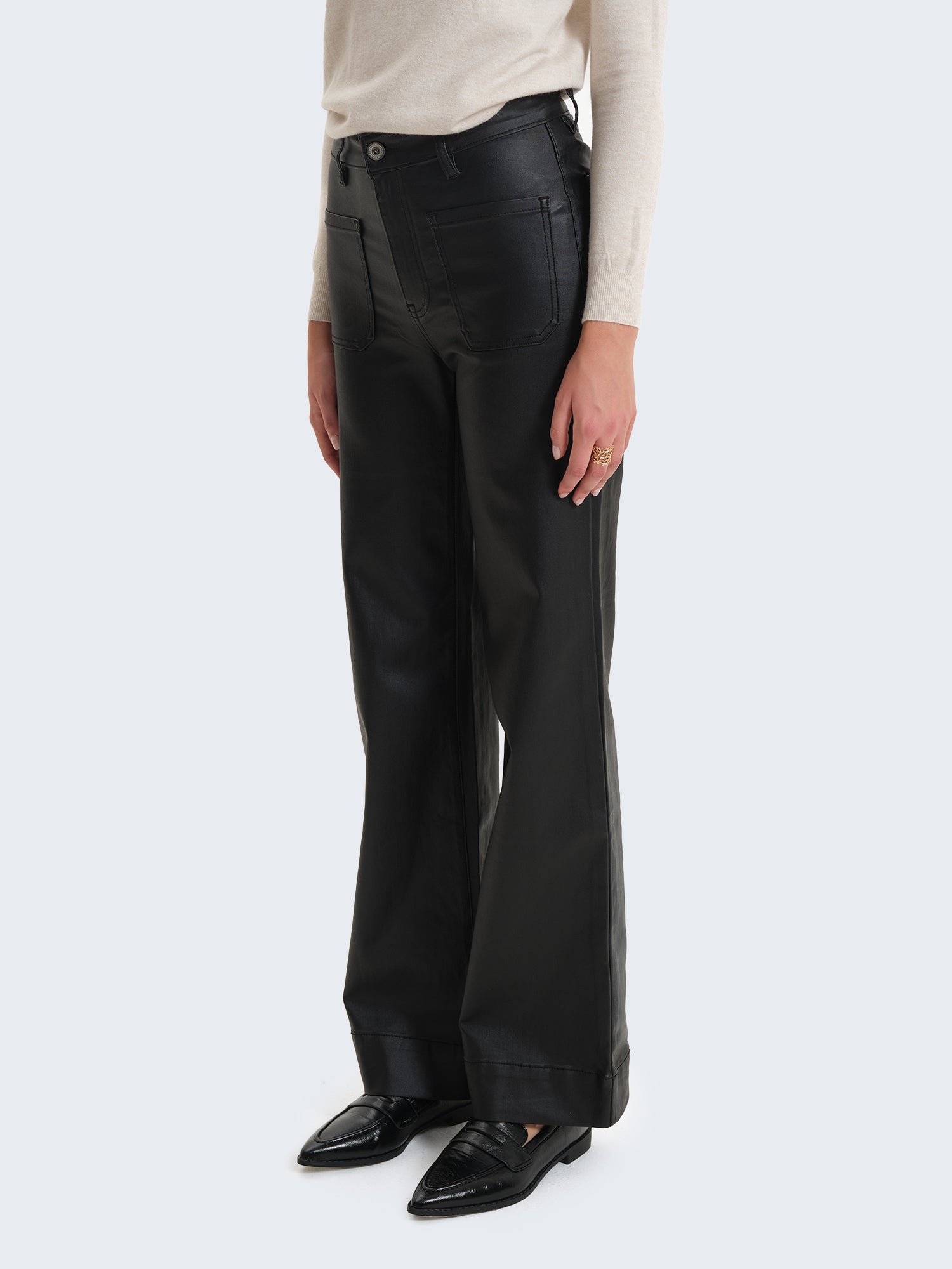 High-waisted faux leather-effect coated palazzo trousers