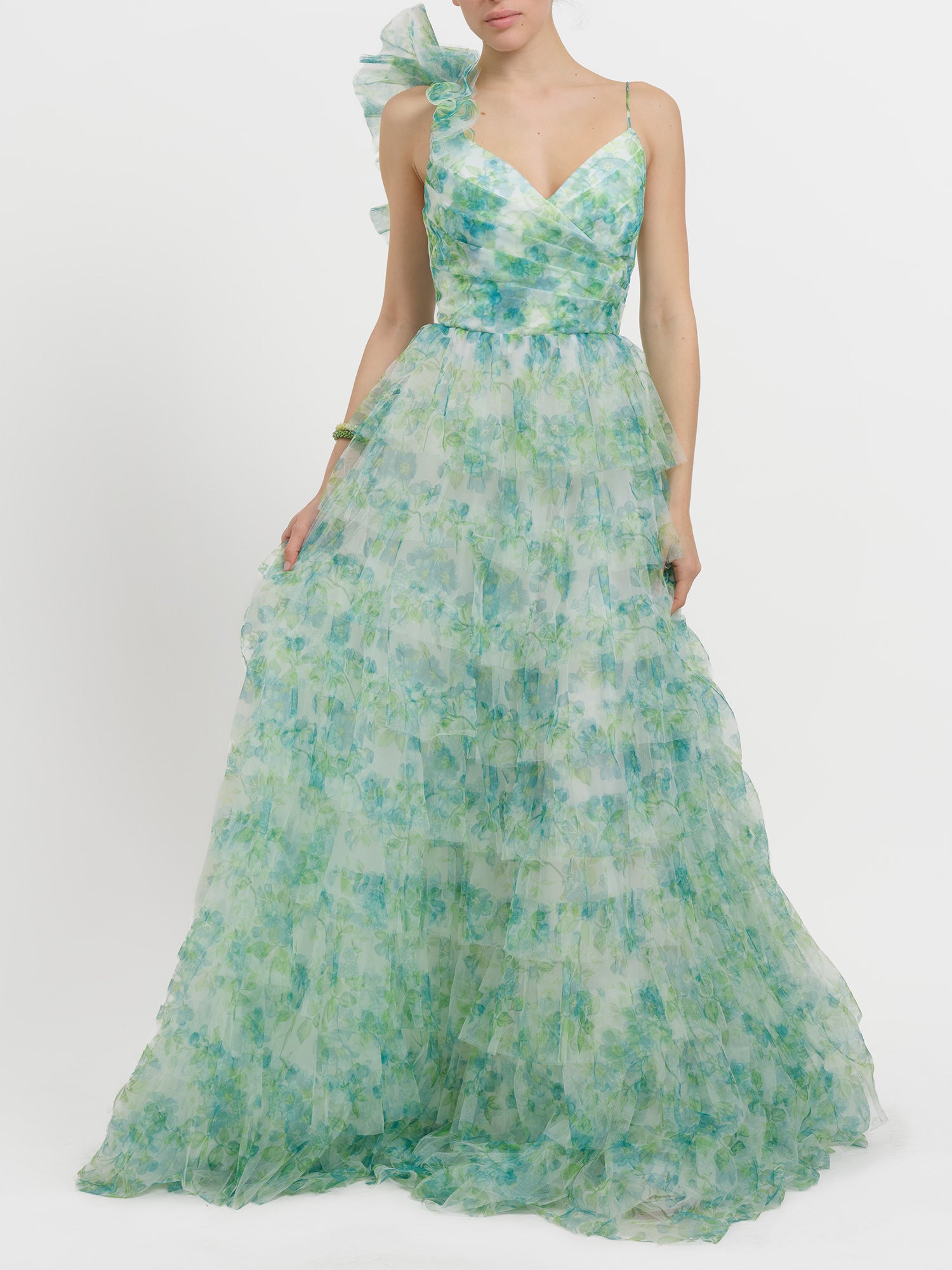 Abito lungo floreale in toulle con balze