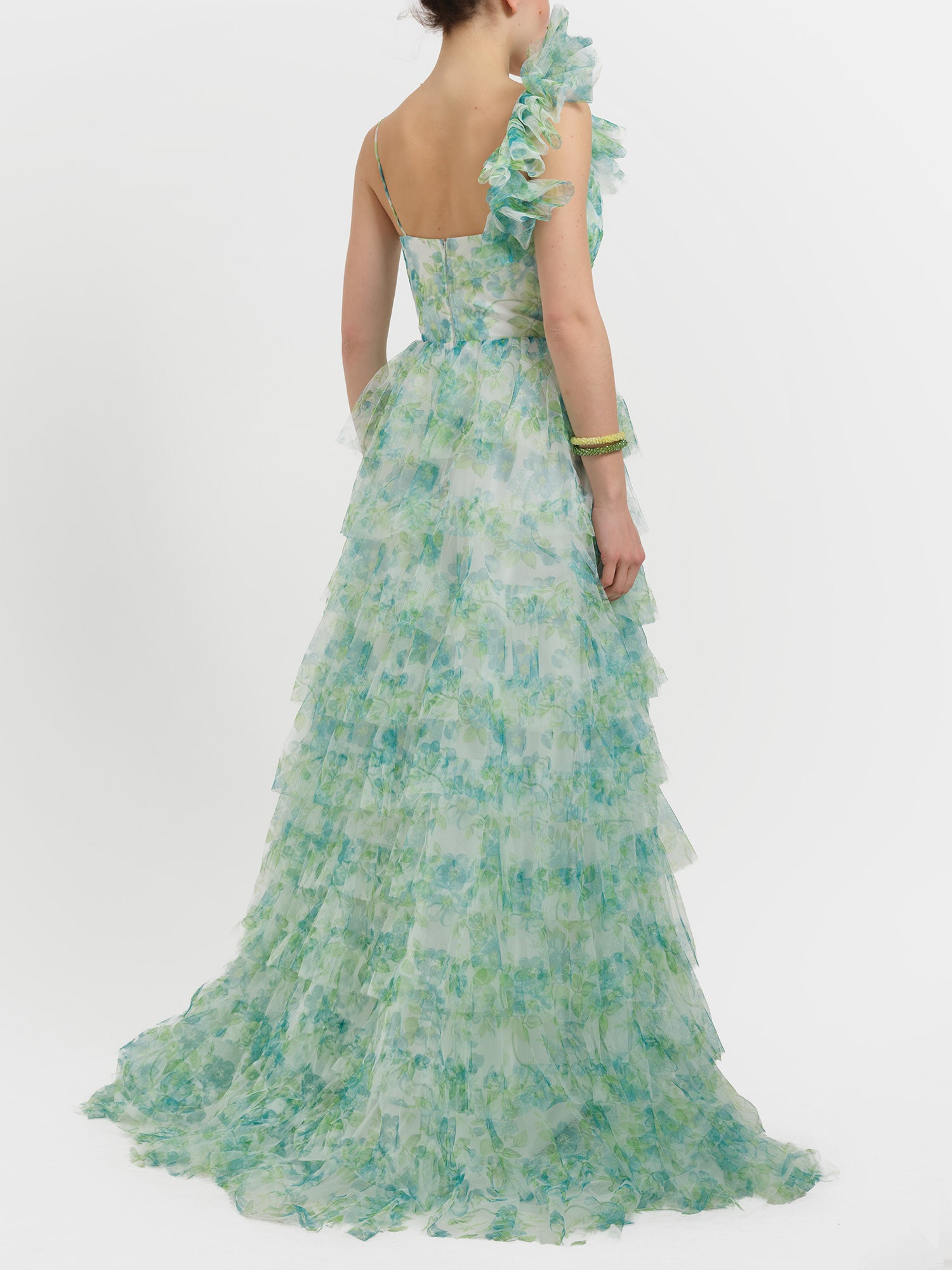 Abito lungo floreale in toulle con balze