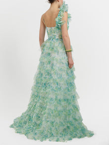 Abito lungo floreale in toulle con balze