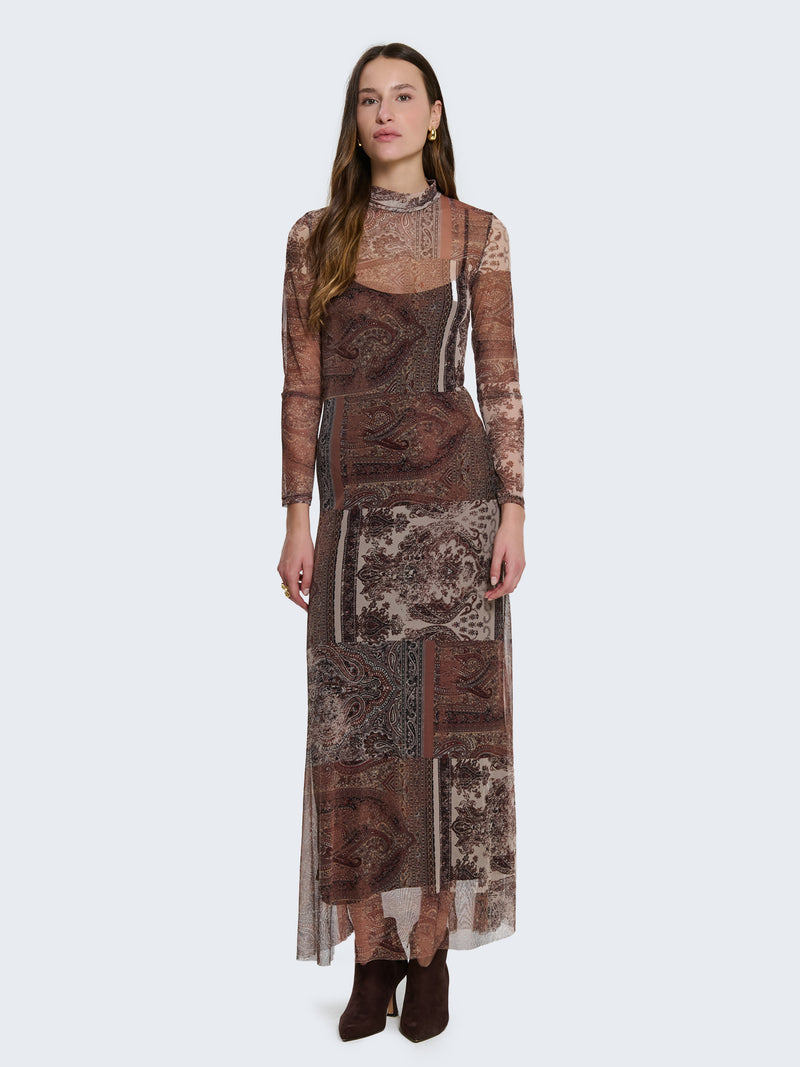 Fitted dress with sheer paisley pattern