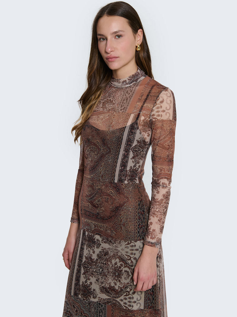 Fitted dress with sheer paisley pattern