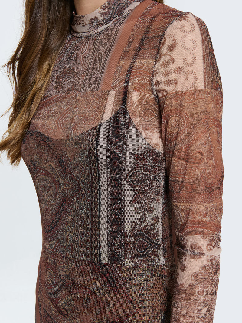 Fitted dress with sheer paisley pattern