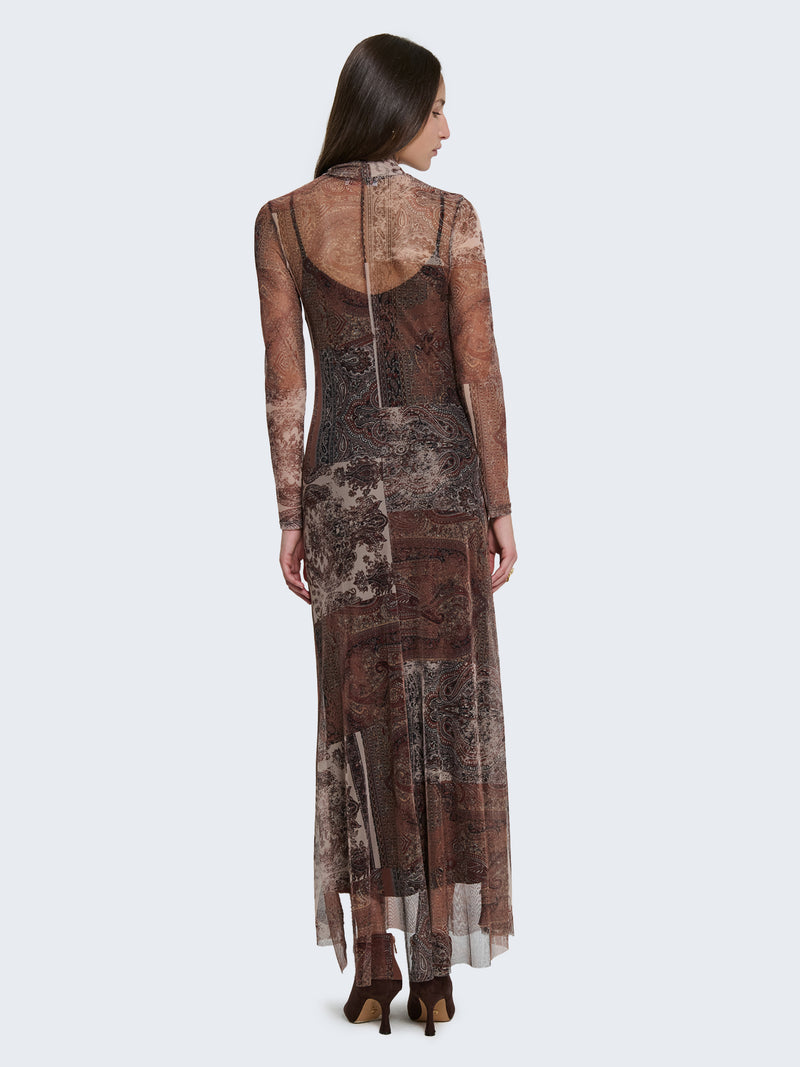 Fitted dress with sheer paisley pattern