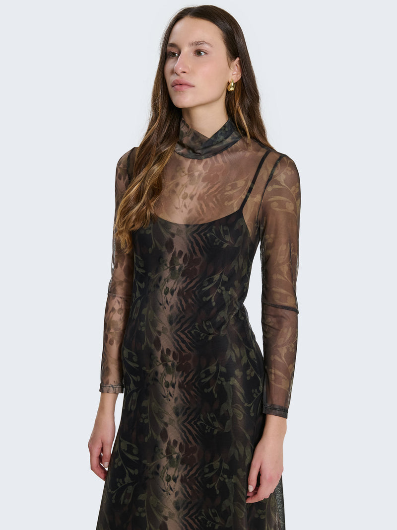 Tight-fitting dress with sheer details and jungle pattern
