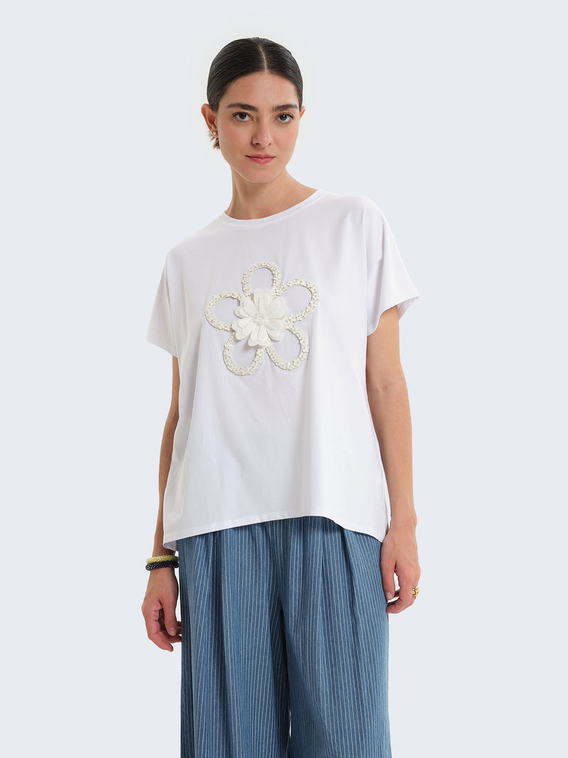 T-shirt con paillettes fiori
