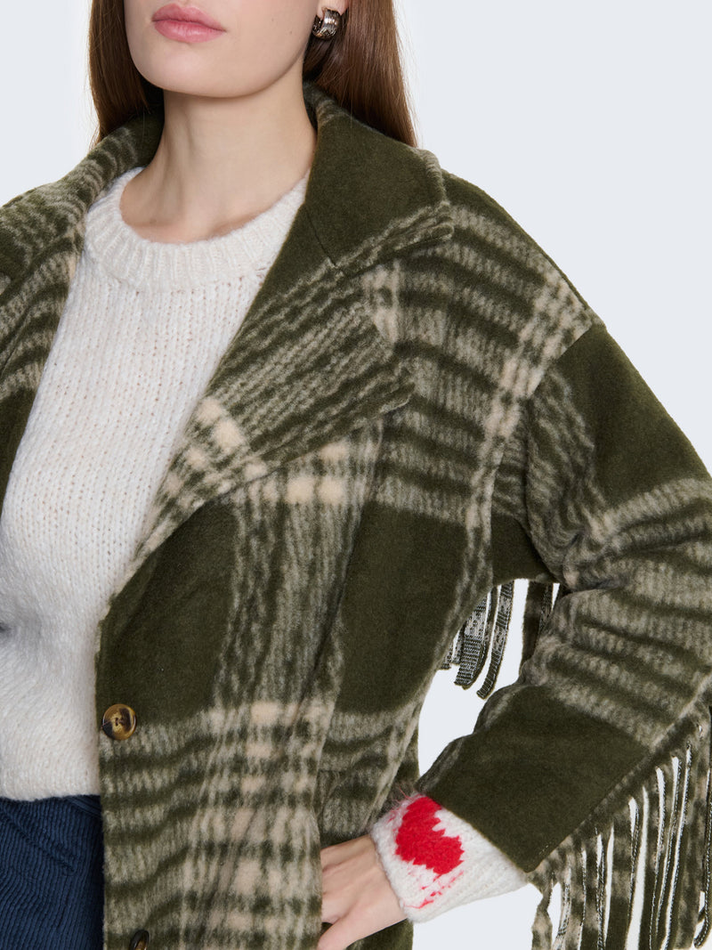 Cappotto in lana cotta a quadri con frange