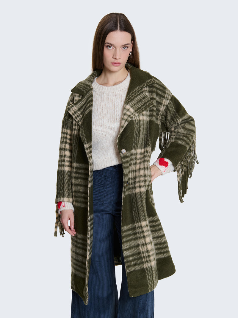 Cappotto in lana cotta a quadri con frange
