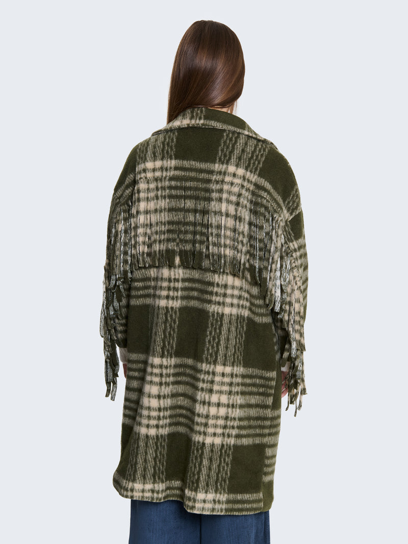 Cappotto in lana cotta a quadri con frange