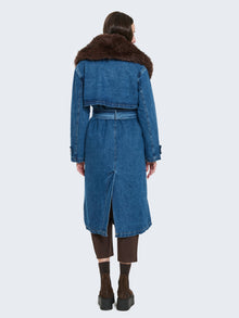 Trench in denim con collo di ecopelliccia